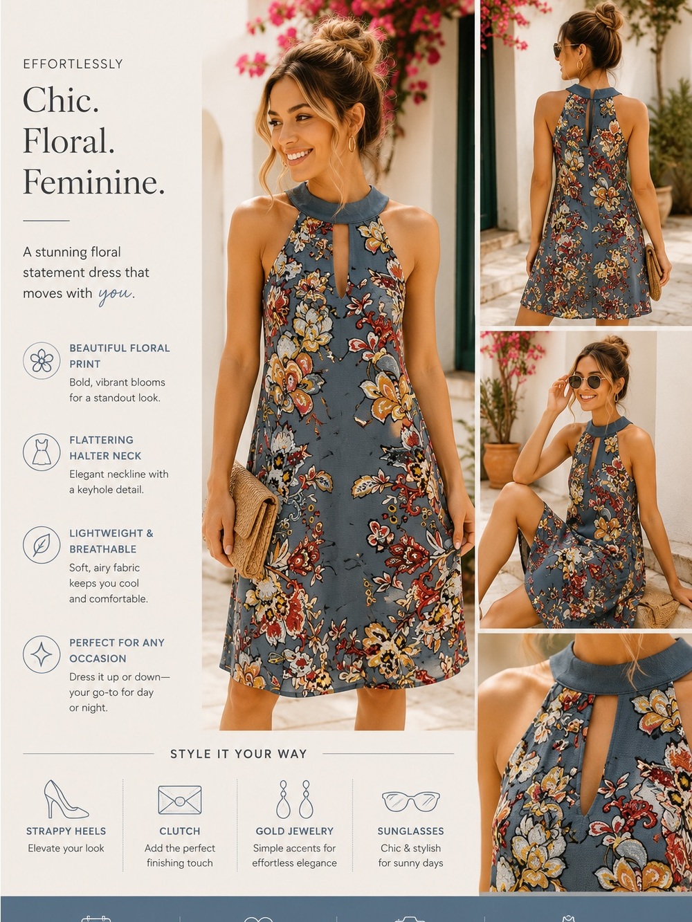 Girls Blue Floral Halter Dress